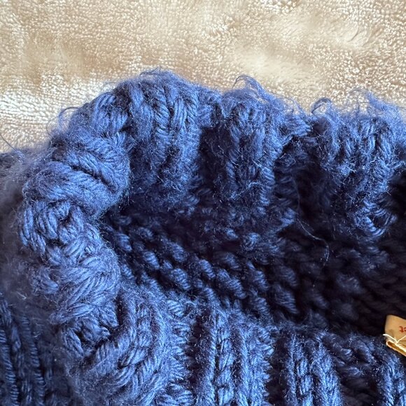 Handmade Handknit Basketweave Stitch Blue Chunky Mock Neck Textured Sweater W 2X - Picture 10 of 11